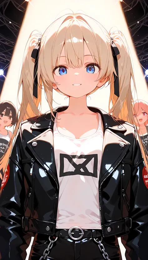 ((best quality)), ((masterpiece)), (detailed face and eyes), perfect face, accurate, textured skin, high details, highres, Black leather jacket, white tank top, hair tied in twin tails with ribbons, Rock Concert, Heavy Metal, Vocalist, passionate singer