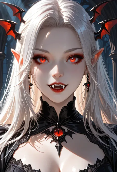 dark fantasy art, a picture of a fantasy, a beautiful female vampire, best detailed face, pale skin, white hair, glowing eyes, vampire fangs, red eyes, wearing black dress, transparent fabric dress, goth dress, small cleavage, intricate dress, it is night...