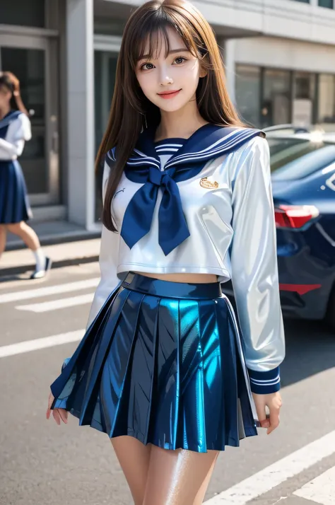 (super cute young face:1.4),(Very beautiful cute girl),(baby face:1.1),(sparking clear attractive eyes:1.4), Beautiful detailed large eyes, Detailed double eyelids, smiling, (realistic photograph:1.1), in the street,Glowing Skin,(super shiny metallic dark...