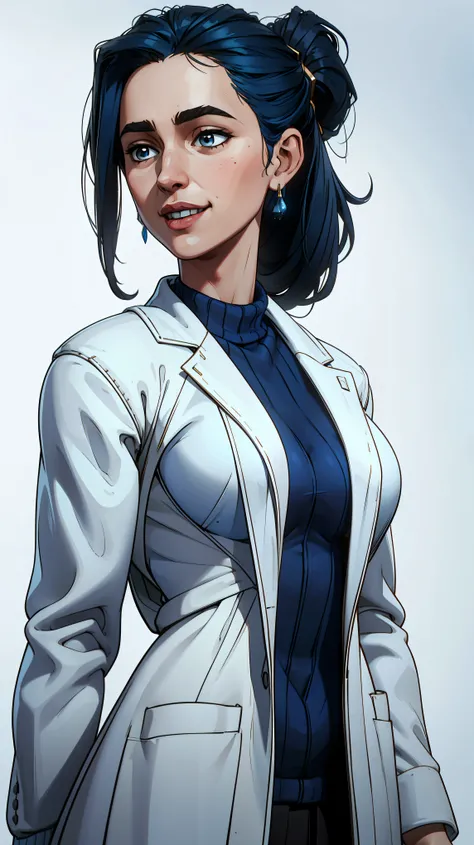 Margaret Qualley, short stature, medium breasts, 4k, highly details, marqual, black ponytail, ((( portrait))), solid white background, ((wearing a white scientist lab coat over a blue sweater)), (solid white background), smile