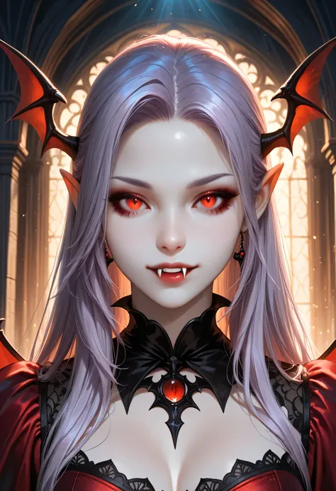 dark fantasy art, a picture of a fantasy, a beautiful female vampire, best detailed face, pale skin, lavender hair, glowing eyes, vampire fangs, red eyes, wearing red dress, transparent fabric dress, goth dress, small cleavage, intricate dress, it is nigh...