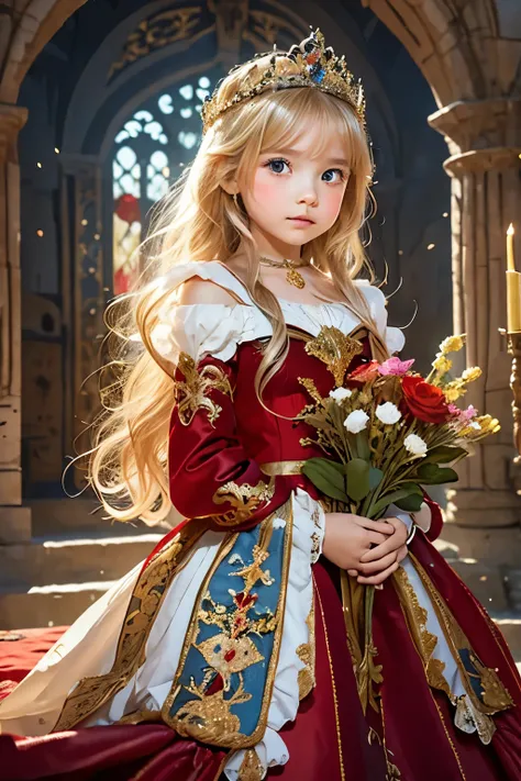 Little young girl,blond hair,cute,Fantasy, gorgeous dress ,tiara,odd-eye,red carpet,Castle,bouquet,Princess,young girl,sex