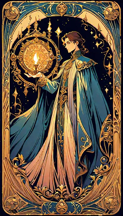 (is the best quality, high resolution), Magic Flute Player Tarot, Detailed illustrations, Retro style, Mystery, magic, enchanting, Dark Tones, Candlelight, intricate details, flowing clothes, hidden symbols, Mystery aura single, 1 man , His Royal Highne...