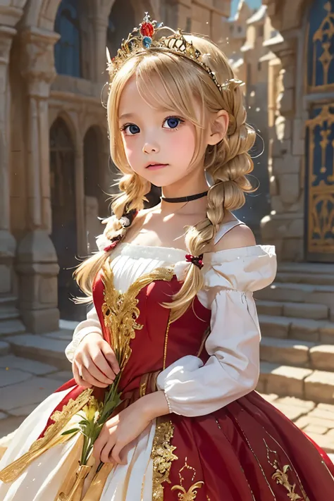 Little young girl,blond hair,cute,Fantasy, gorgeous dress ,tiara,odd-eye,red carpet,Castle,bouquet,Princess,young girl,blush, twin tails, stage