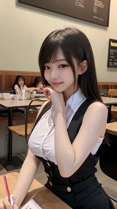 (Dable Top), (((Beautiful breasts on the tabletop, breasts on table))), (Baby Face, Young Face, HIGH SCHOOL GIRLS)、(Sleeveless Elegant Outfit、Pencil Skirt), black hair, (Beautiful Girl Sitting In A Stylish Coffee Shop)、((slender body line)), (detailed hand...