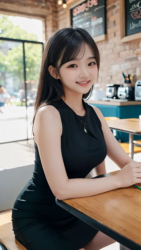 (Dable Top), (((Beautiful breasts on the table, breasts on table))), (Baby Face, Young Face, HIGH SCHOOL GIRLS)、(Sleeveless Elegant Outfit、Pencil Skirt), black hair, (Beautiful Girl Sitting In A Stylish Coffee Shop)、((slender body line)), (detailed hands:1...