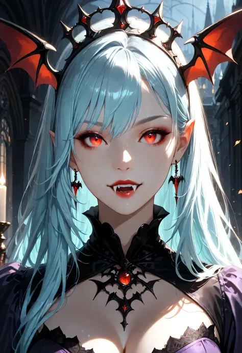 dark fantasy art, a picture of a fantasy, a beautiful female vampire, portrait shot, ultra feminine, best detailed body, best detailed face, best detailed face, pale skin, azure hair, glowing eyes, vampire fangs, red eyes, wearing purple dress, transparen...