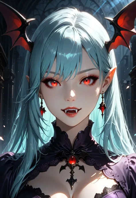 dark fantasy art, a picture of a fantasy, a beautiful female vampire, portrait shot, ultra feminine, best detailed body, best detailed face, best detailed face, pale skin, azure hair, glowing eyes, vampire fangs, red eyes, wearing purple dress, transparen...