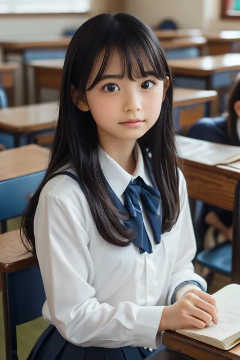 Imagine a charming illustration in the style of Loundraw, Depicts a beautiful schoolgirl. She is wearing a classic school uniform, With a fitted skirt and a perfectly lined shirt. Her long black hair, With soft bangs, Falling gracefully over her shoulders....