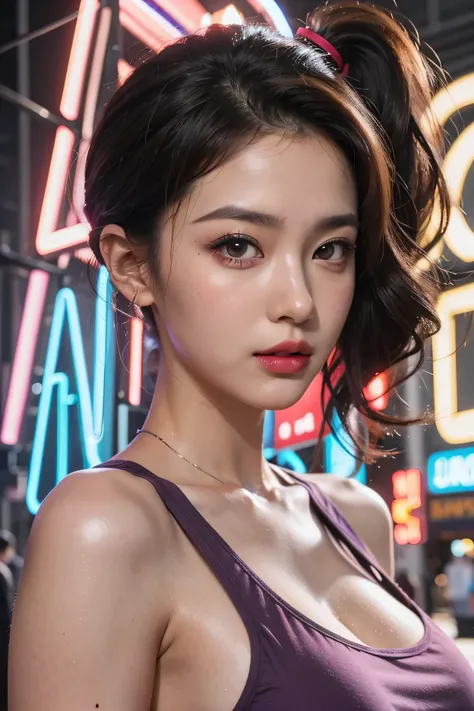 woman, (perfect face), detailed pupils, side ponytail, black hair, black thin eyebrows, brown eyes, purple eyeshadows, black eyeliners, nose, dark red lips, thick lips, parted lips, tank top, purple tank top, large breasts, ((neon light))