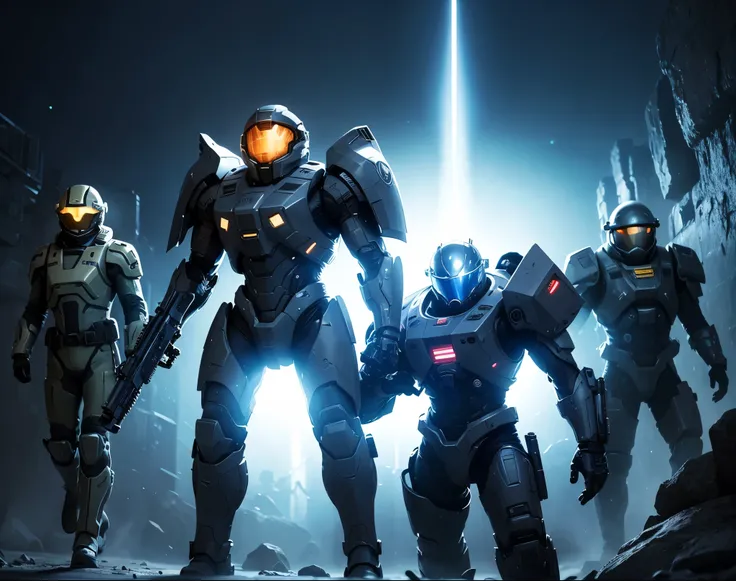3 characters facing in front in a menacing battle pose. Character 1 is a bearded hooded old man in a dark coat with technological and fantastic elements, blue, glowing accents and a mysterious, futuristic atmosphere. Character 2 is the commander of a spa...