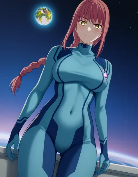 score 9 、score 8 up、score 7 up、source anime、masterpiece、top quality、high resolution、high image quality、1woman、Makima、Makima、Alone、 red hair 、yellow eyes、long hair、bungs、braided ponytail hair、ringed eyes、Big Breasts、very large breasts、、Samus Aran cosplay、Sa...