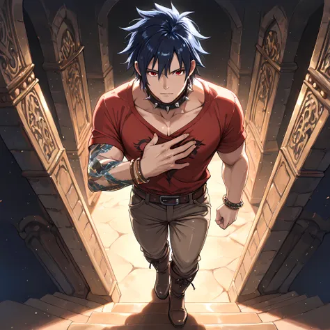 ((Ano Danchi no Tsuma-tachi wa... The style of animated anime:1.4)), {man1}:(man1 similar to Gray Fullbuster, developed physique, muscular body, worn red shirt tightening his chest, long brown pants,walking, brown leather boots, spiked choker, dark blue ha...