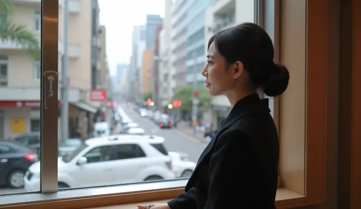 A Japanese woman in her 40s in chic clothes sitting by the window and looking at the streetscape