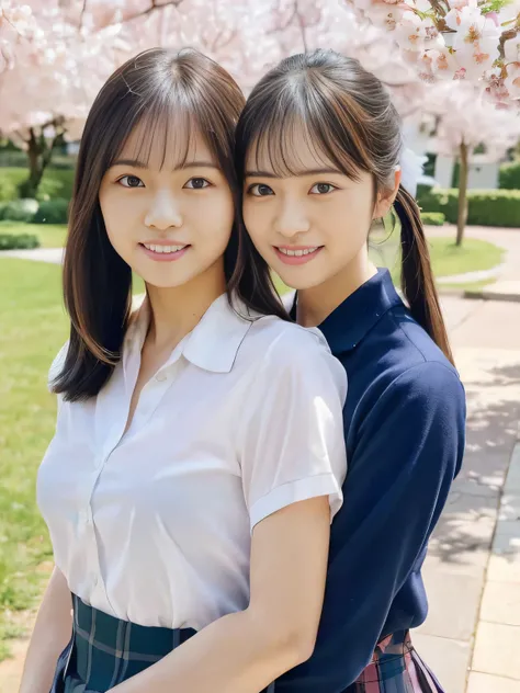(((School yard 1 .0)))(((scenery with cherry blossoms in the background 1.0)))(((cherry blossoms in full bloom 1.0)))(((Cherry Blossom Fubuki 1.0)))、(((Portrait of a lesbian couple )))、(((best image quality、highest resolution、greatest masterpiece、8k)))、(((...