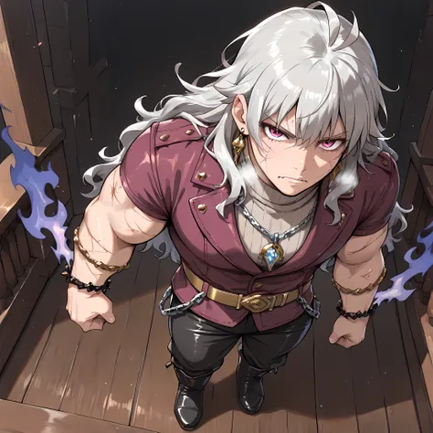 ((Ano Danchi no Tsuma-tachi wa... The style of animated anime:1.4)), {man1}:(man1 similar to Keisuke Baji, wavy hair, mature looking man, strong-bodied man, developed physique, muscular body, purple jacket, gray turtleneck underneath the jacket, gold belt ...