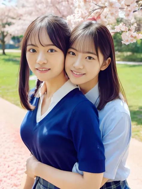 (((School yard 1 .0)))(((scenery with cherry blossoms in the background 1.0)))(((cherry blossoms in full bloom 1.0)))(((Cherry Blossom Fubuki 1.0)))、(((Portrait of a lesbian couple )))、(((best image quality、highest resolution、greatest masterpiece、8k)))、(((...