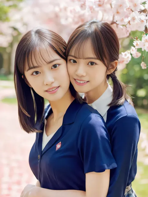 (((School yard 1 .0)))(((landscape with cherry blossoms in the background 1.0)))(((cherry blossoms in full bloom 1.0)))(((Cherry Blossom Fubuki 1.0)))、(((Portrait of a lesbian couple )))、(((best image quality、highest resolution、greatest masterpiece、8k)))、(...