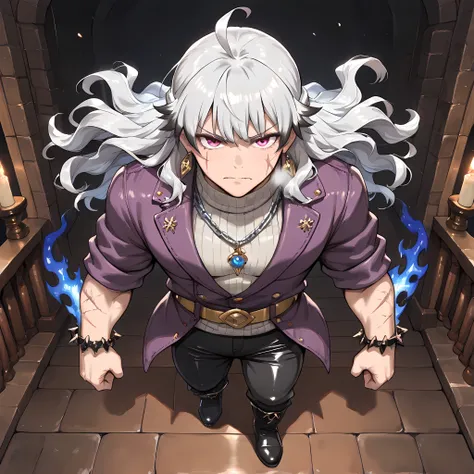 ((Ano Danchi no Tsuma-tachi wa... The style of animated anime:1.4)), {man1}:(man1 similar to Keisuke Baji, wavy hair, mature looking man, strong-bodied man, developed physique, muscular body, purple jacket, gray turtleneck underneath the jacket, gold belt ...
