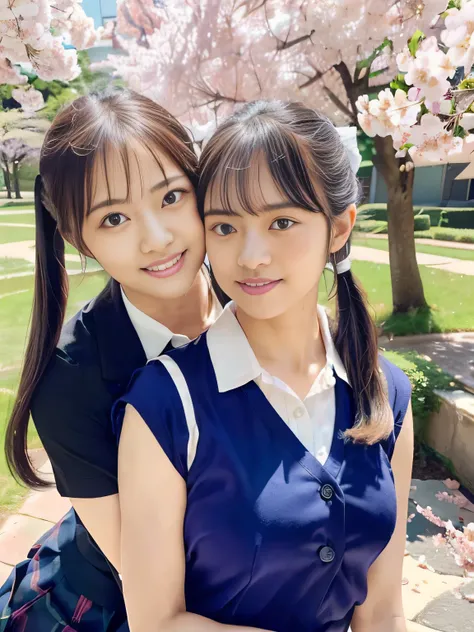 (((School yard 1 .0)))(((scenery with cherry blossoms in the background 1.0)))(((cherry blossoms in full bloom 1.0)))(((Cherry Blossom Fubuki 1.0)))、(((Portrait of a lesbian couple )))、(((best image quality、highest resolution、greatest masterpiece、8k)))、(((...
