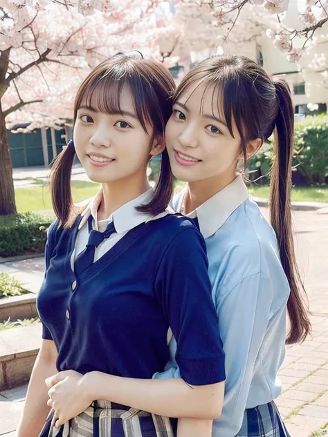(((School yard 1 .0)))(((scenery with cherry blossoms in the background 1.0)))(((cherry blossoms in full bloom 1.0)))(((Cherry Blossom Fubuki 1.0)))、(((Portrait of a lesbian couple )))、(((best image quality、highest resolution、greatest masterpiece、8k)))、(((...