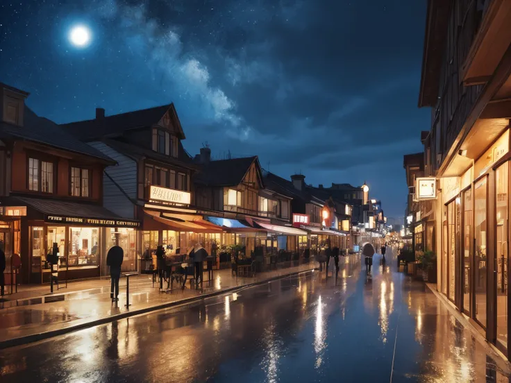 Night Town、Western、it's raining、illustration style、stylish