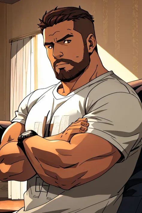 close up 1man in, bearded, Solo, black skin, tanned skin, brown skin, latino, brown hair, messy brown hair, short hair, dark eyes, taned skin, heavy set, big boned, strong, thick body, bara, manicured beard, detailed skin, neutral face, (wearing t-shirt, ...