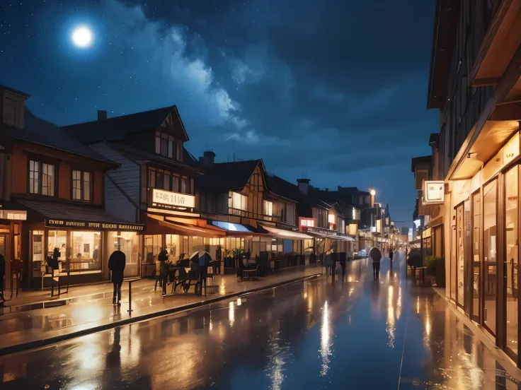 Night Town、Western、 A Lot of Rain 、illustration style、stylish、A few people go back and forth
