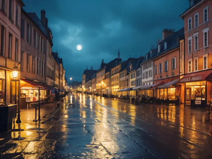 Town at night, Europe, lots of rain, illustration style, stylish, no people.