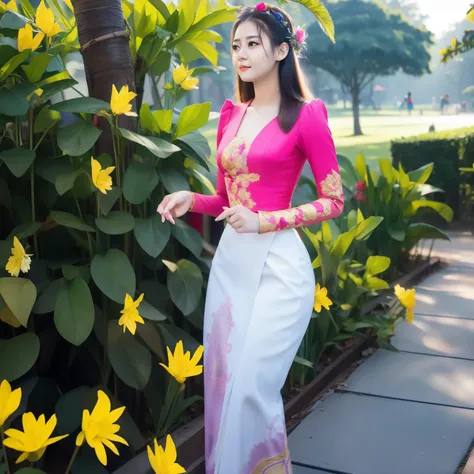 Master piece, 1 girls, solo, cinematic full light, in the park, elegant beauty, Myanmar causal, kmm, wearing kmm