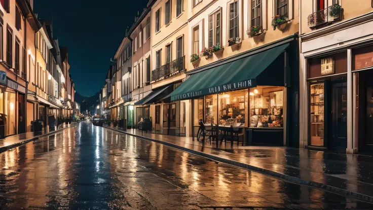 Town at night, Europe, lots of rain, illustration style, stylish, no people.