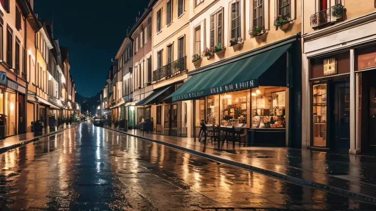 Town at night, Europe, lots of rain, illustration style, stylish, no people.