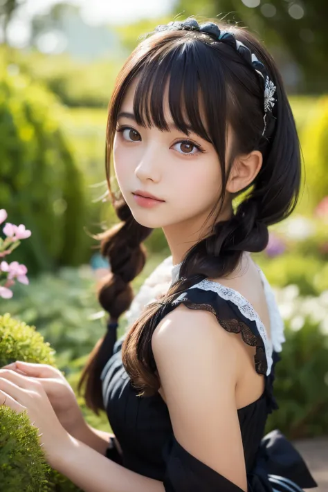 masterpiece, best quality, finely detail, hight resolution, Beautiful detailed eyes, Natural Lip, girl, an exquisitely detailed and beautiful face and eyes and skin, raw photo, young face, cute, slender body, parted bangs, high school student, garden, twin...
