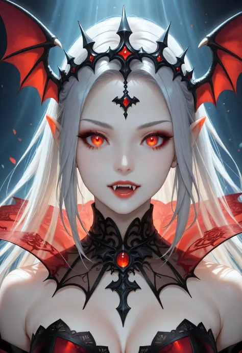 dark fantasy art, a picture of a fantasy, a beautiful female vampire, portrait, ultra feminine, best detailed body, best detailed face, best detailed face, pale skin, dynamic hair, glowing eyes, vampire fangs, red eyes, wearing dynamic color dress, transp...