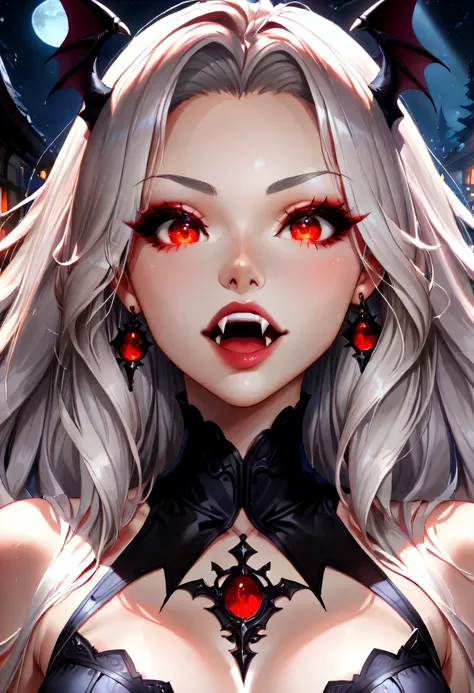 dark fantasy art, a picture of a fantasy, a beautiful female vampire, portrait, ultra feminine, best detailed body, ultra detailed face, best detailed face,  pale skin, dynamic hair, glowing eyes, vampire fangs, red eyes, wearing dynamic color dress, trans...