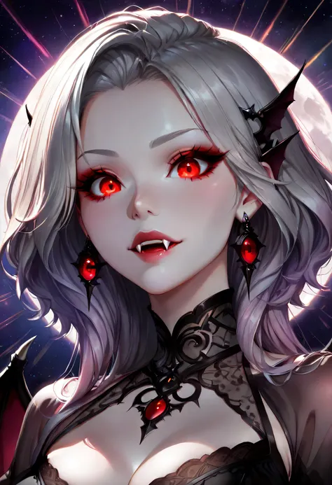 dark fantasy art, a picture of a fantasy, a beautiful female vampire, portrait, ultra feminine, best detailed body, ultra detailed face, best detailed face,  pale skin, dynamic hair, glowing eyes, vampire fangs, red eyes, wearing dynamic color dress, trans...