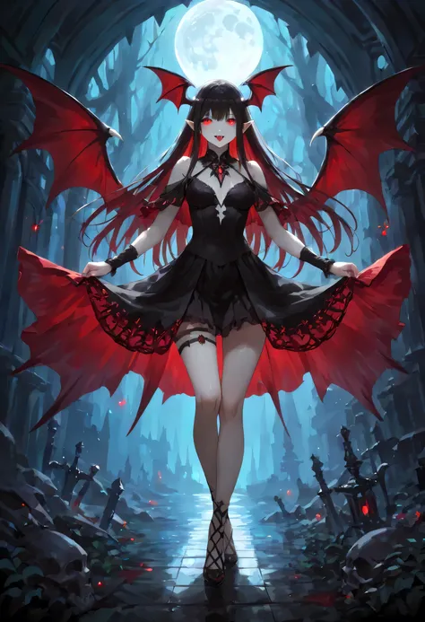 dark fantasy art, a picture of a fantasy, a beautiful female vampire, portrait, ultra feminine, best detailed body, best detailed face, best detailed face,  pale skin, dynamic hair, glowing eyes, vampire fangs, red eyes, wearing dynamic color dress, transp...