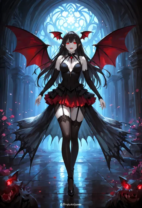 dark fantasy art, a picture of a fantasy, a beautiful female vampire, portrait, ultra feminine, best detailed body, best detailed face, best detailed face,  pale skin, dynamic hair, glowing eyes, vampire fangs, red eyes, wearing dynamic color dress, transp...