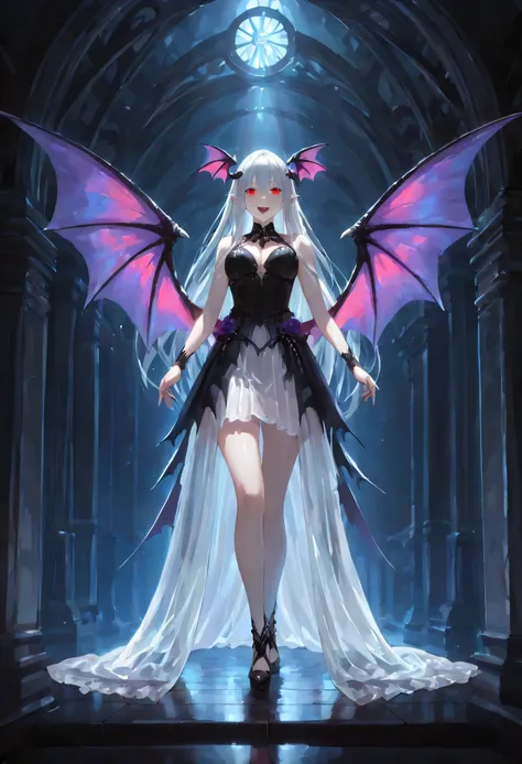 dark fantasy art, a picture of a fantasy, a beautiful female vampire, portrait, ultra feminine, best detailed body, best detailed face, best detailed face,  pale skin, dynamic hair, glowing eyes, vampire fangs, red eyes, wearing dynamic color dress, transp...