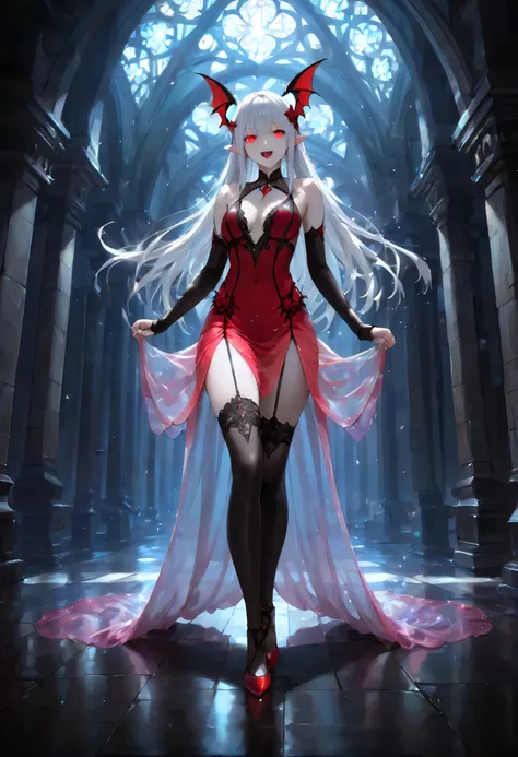dark fantasy art, a picture of a fantasy, a beautiful female vampire, portrait, ultra feminine, best detailed body, best detailed face, best detailed face,  pale skin, dynamic hair, glowing eyes, vampire fangs, red eyes, wearing dynamic color dress, transp...