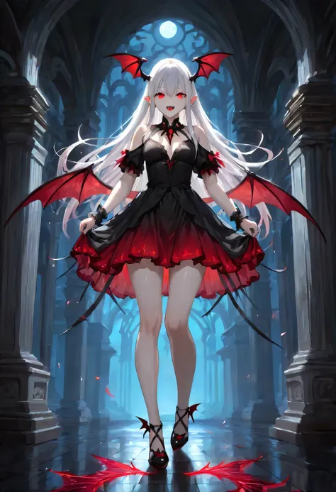 dark fantasy art, a picture of a fantasy, a beautiful female vampire, portrait, ultra feminine, best detailed body, best detailed face, best detailed face,  pale skin, dynamic hair, glowing eyes, vampire fangs, red eyes, wearing dynamic color dress, transp...