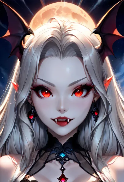dark fantasy art, a picture of a fantasy, a beautiful female vampire, portrait, ultra feminine, best detailed body, ultra detailed face, best detailed face, pale skin, dynamic hair, glowing eyes, vampire fangs, red eyes, wearing dynamic color dress, trans...