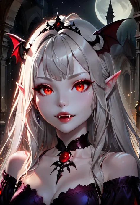 dark fantasy art, a picture of a fantasy, a beautiful female vampire, portrait, ultra feminine, best detailed body, ultra detailed face, best detailed face, pale skin, dynamic hair, glowing eyes, vampire fangs, red eyes, wearing dynamic color dress, trans...