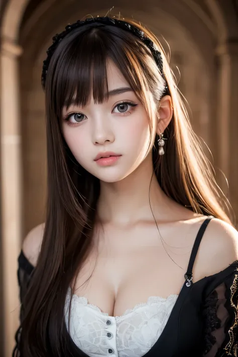 masterpiece, best quality, finely detail, hight resolution, Beautiful detailed eyes, Natural Lip, girl, an exquisitely detailed and beautiful face and eyes and skin, raw photo, young face, cute, slender body, parted bangs, high school student, castle, blac...