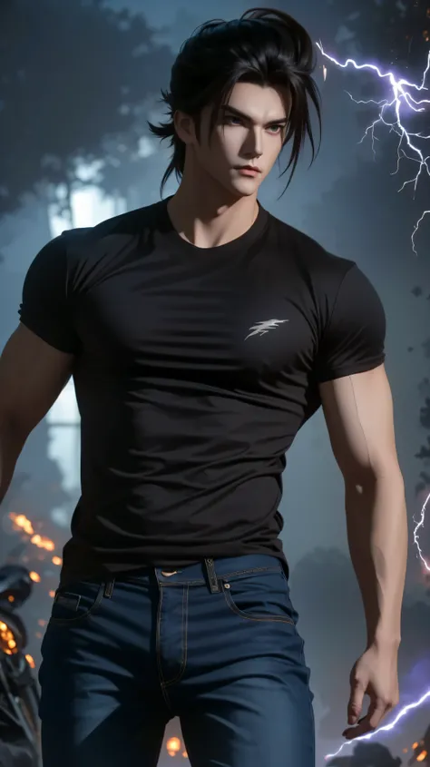 Create an ultra-detailed digital artwork of Sung Jin Woo from "Solo Leveling" in his casual outfit. He is wearing a simple black t-shirt and dark fitted jeans, standing confidently with hands in his pockets. His eyes glow with a faint violet light, and dar...