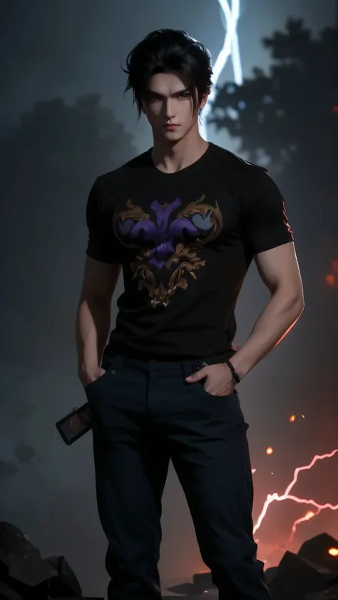 Create an ultra-detailed digital artwork of Sung Jin Woo from "Solo Leveling" in his casual outfit. He is wearing a simple black t-shirt and dark fitted jeans, standing confidently with hands in his pockets. His eyes glow with a faint violet light, and dar...
