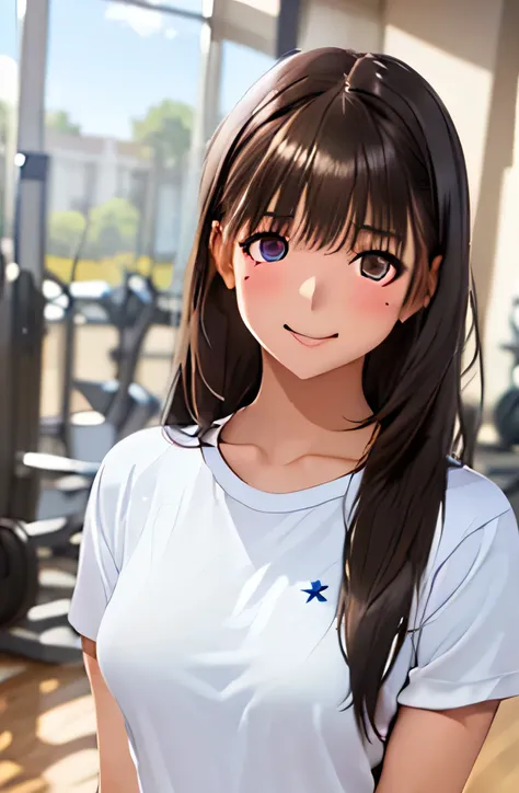 ((1 girl,solo))((black brown hair,long hair))(((buruma), dark blue buruma, school, gym shirts, white shirts, white t-shirts, short sleeves, gym uniform))((thigh))((indoor))((standing))((v-shaped eyebrows))((half closed eyes))((sharp eyes))((sweat,blush,clo...