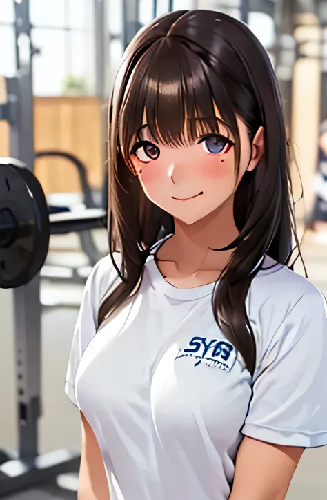 ((1 girl,solo))((black brown hair,long hair))(((buruma), dark blue buruma, school, gym shirts, white shirts, white t-shirts, short sleeves, gym uniform))((thigh))((indoor))((standing))((v-shaped eyebrows))((half closed eyes))((sharp eyes))((sweat,blush,clo...