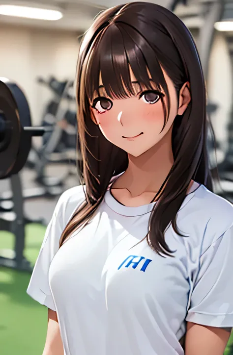 ((1 girl,solo))((black brown hair,long hair))(((buruma), dark blue buruma, school, gym shirts, white shirts, white t-shirts, short sleeves, gym uniform))((thigh))((indoor))((standing))((v-shaped eyebrows))((half closed eyes))((sharp eyes))((sweat,blush,clo...
