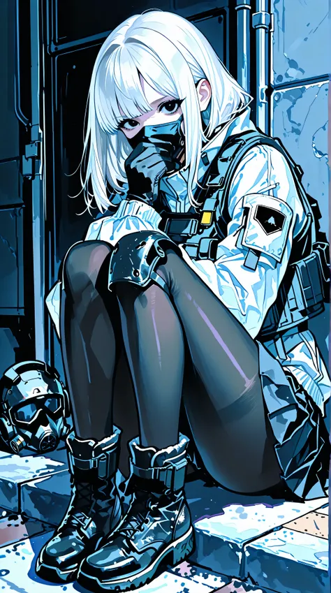 1 girl, she has short white hair with bangs, black eyes, wearing a white waterproof combat jacket paired with a matte black pleated skirt, a tactical vest over the top, short boots, and a mask covering the mouth. legs with black pantyhose, Tactical gloves,...